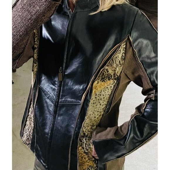 KOOS OF COURSE ART TO WEAR MOTO JACKET Tweed Animal Print Leather BLAZER Medium - Picture 2 of 11